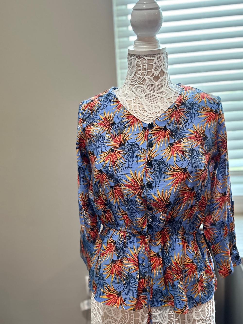Blue Tropical Print Button-Front Peplum Blouse
